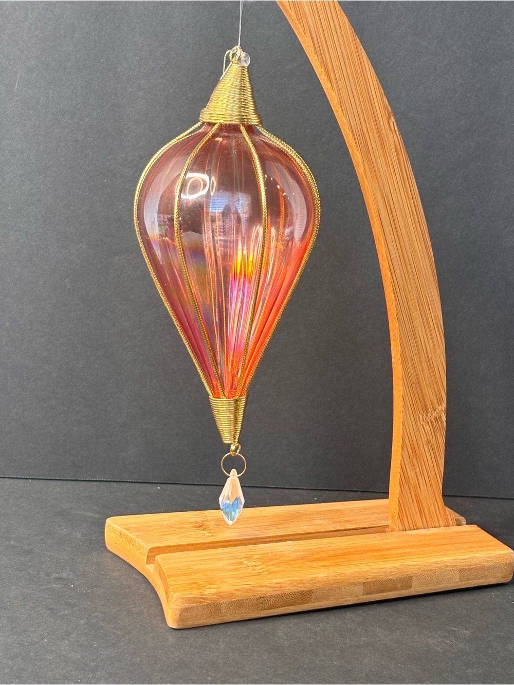 Hand Blown Glass Iridescent Teardrop Shaped Ornament Pink/orange 8”